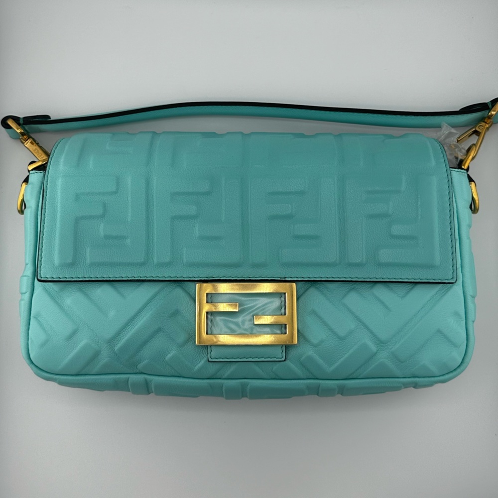 Fendi Napa FF 1974 Embossed BaguetteSpringTurquoise gold hardware/matching strap